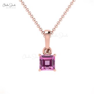 Square Solitaire Charm In With 4mm Pink Sapphire Prong Set in 14k Solid Gold Pendant