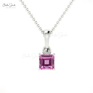 Square Solitaire Charm In With 4mm Pink Sapphire Prong Set in 14k Solid Gold Pendant