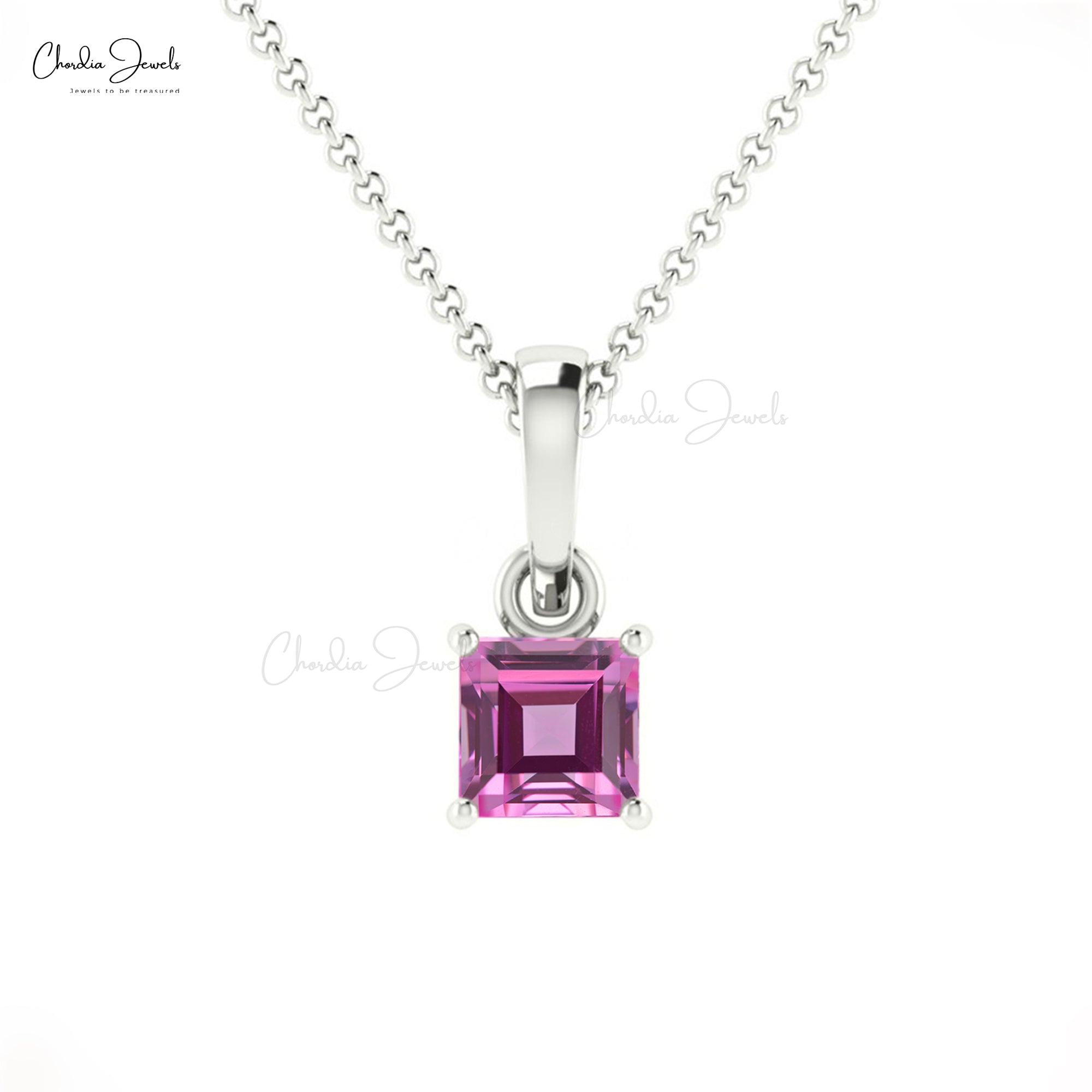 Square Solitaire Charm In With 4mm Pink Sapphire Prong Set in 14k Solid Gold Pendant