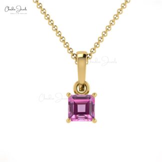 Square Solitaire Charm In With 4mm Pink Sapphire Prong Set in 14k Solid Gold Pendant