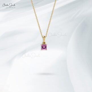 Square Solitaire Charm In With 4mm Pink Sapphire Prong Set in 14k Solid Gold Pendant