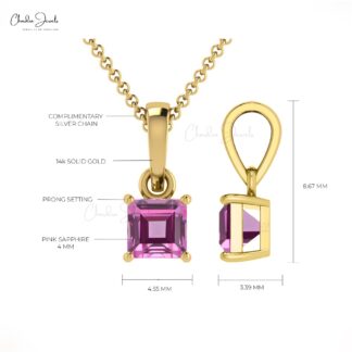 Square Solitaire Charm In With 4mm Pink Sapphire Prong Set in 14k Solid Gold Pendant