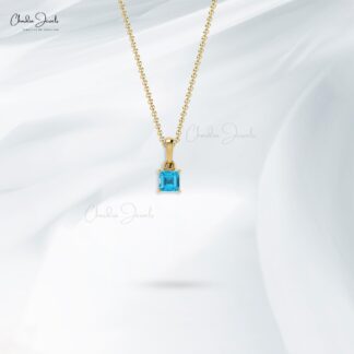 Solitaire Dainty Charm In Solid 14k Gold Swiss Blue Topaz 0.35 Ct Gemstone Pendant