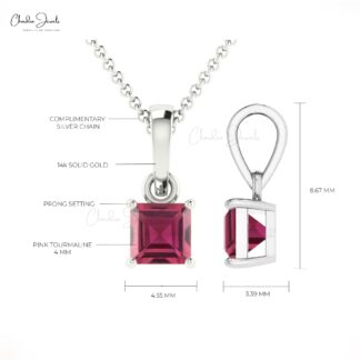 Real 14k Gold Dangle Pendant in 0.35 Ct Pink Tourmaline Solitaire Birthstone Necklace