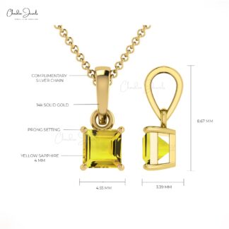 Square Yellow Sapphire Solitaire Pendant In 14k Solid Gold Gemstone Light Weight Jewelry