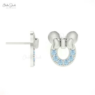 Solid 14k Gold Mickey Mouse Earrings with Genuine 2mm Aquamarine Dainty Earrings For Women