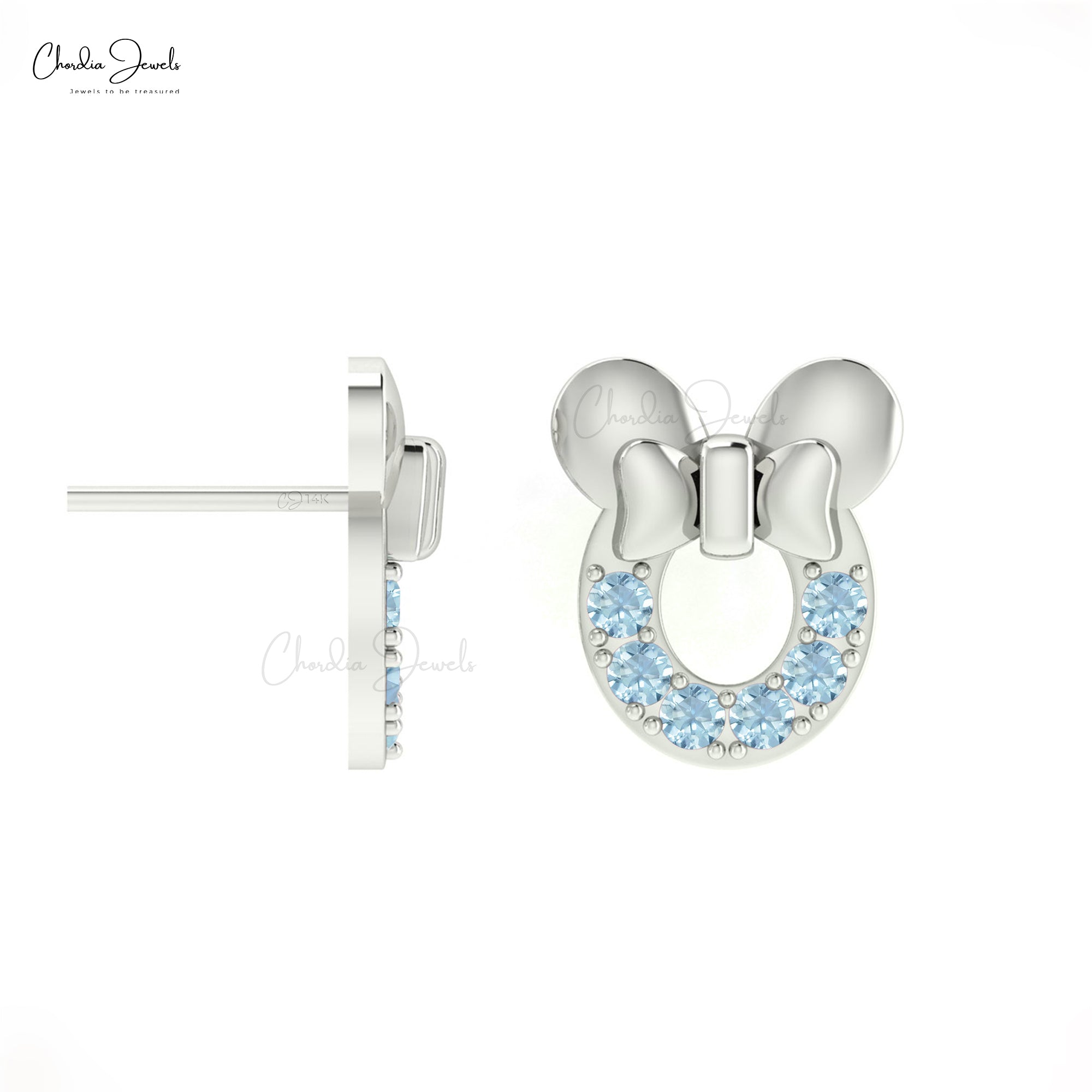 Solid 14k Gold Mickey Mouse Earrings with Genuine 2mm Aquamarine Dainty Earrings For Women