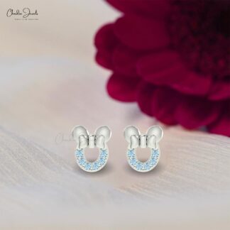 Solid 14k Gold Mickey Mouse Earrings with Genuine 2mm Aquamarine Dainty Earrings For Women
