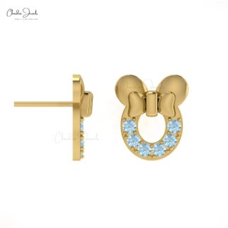 Solid 14k Gold Mickey Mouse Earrings with Genuine 2mm Aquamarine Dainty Earrings For Women