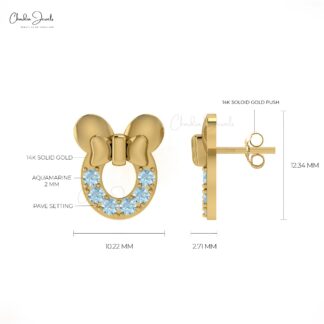 Solid 14k Gold Mickey Mouse Earrings with Genuine 2mm Aquamarine Dainty Earrings For Women
