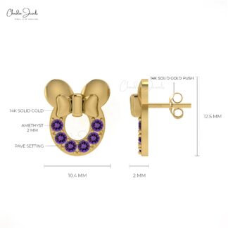 Genuine AAA Amethyst 0.72 Ct Pave Set Mickey Mouse Earrings, 2mm Round Brilliant Cut February Birthstone Gemstone Earrings, 14k Real Gold Hallmarked Jewelry For Her