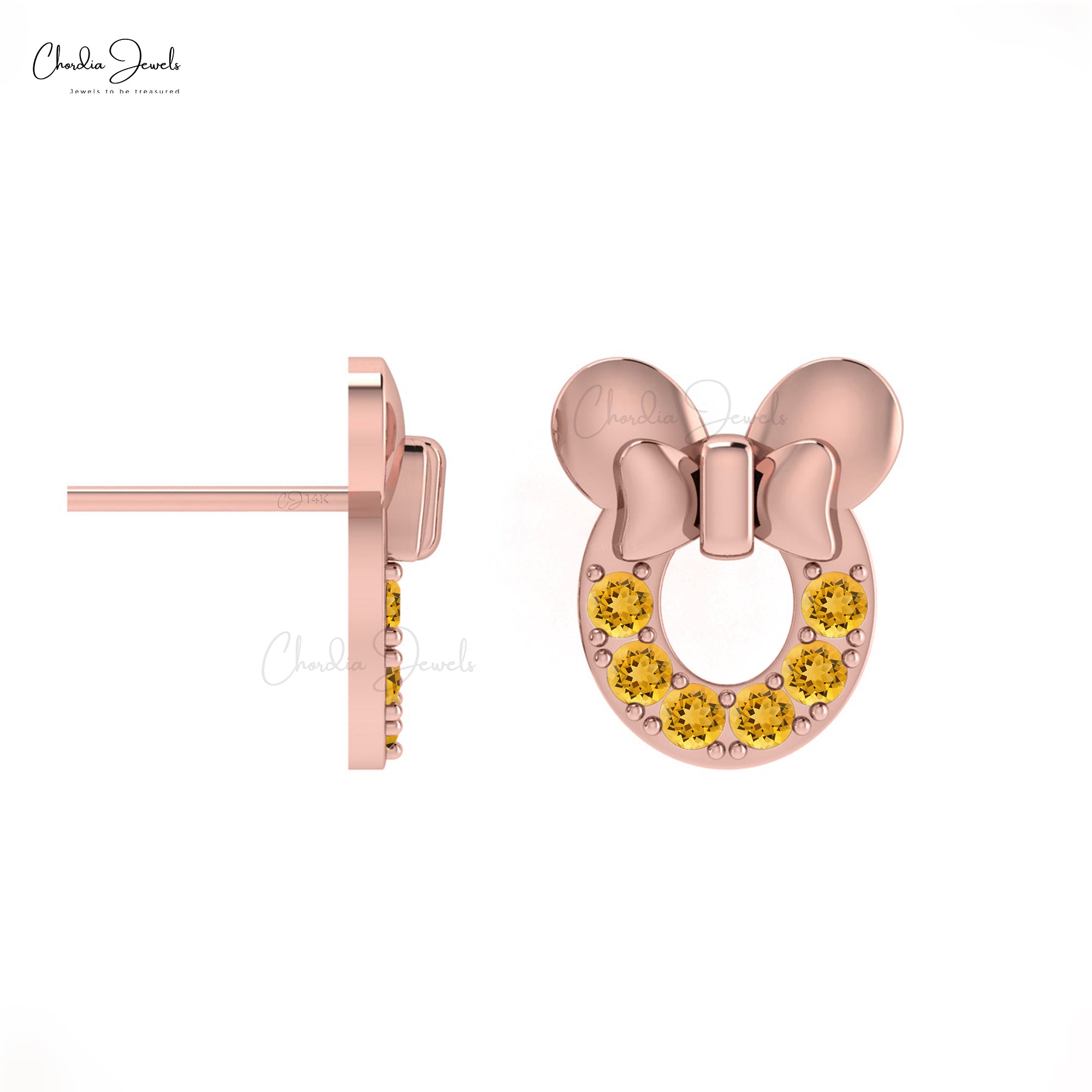 Elegant Disney Mickey Mouse Earrings with 2mm Citrine Gemstone in 14k Solid Gold For Girls