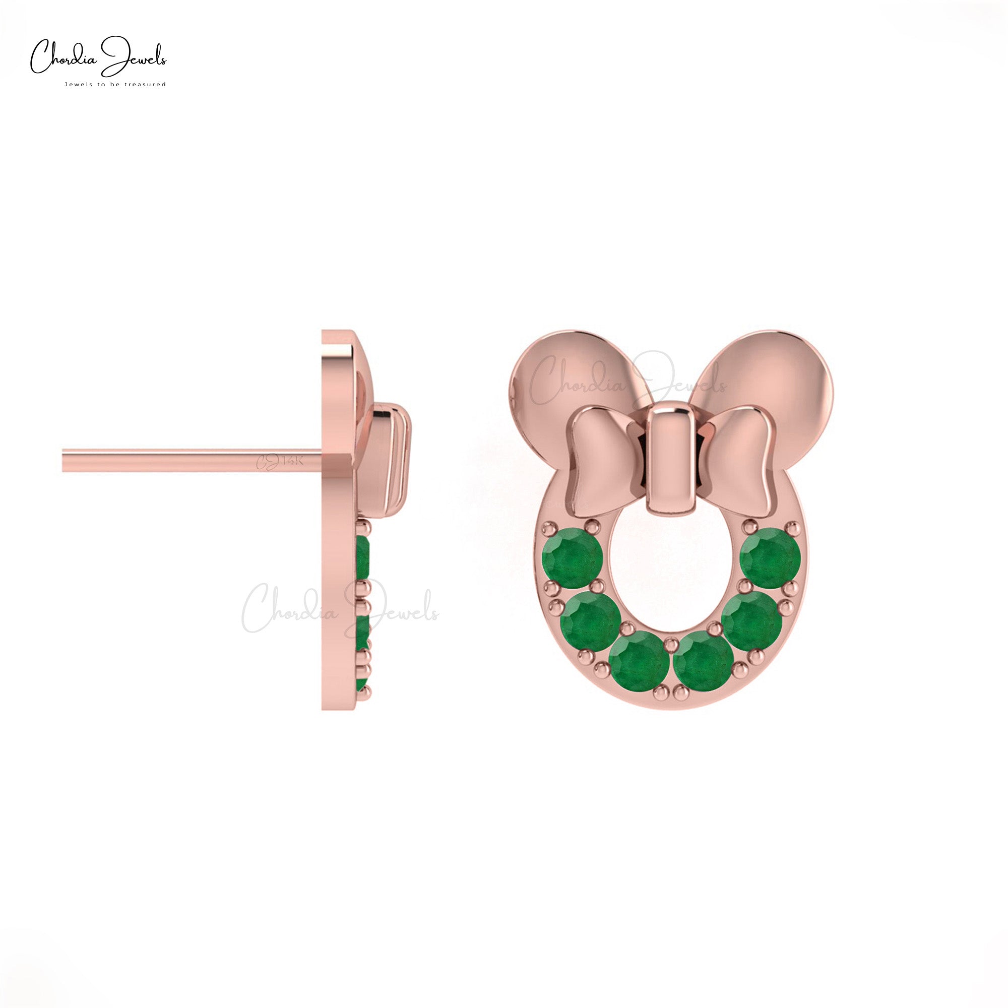 Mickey Mouse Stud Earrings With Emerald Gemstone In 14k Solid Gold