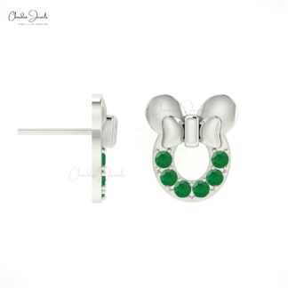 Mickey Mouse Stud Earrings With Emerald Gemstone In 14k Solid Gold
