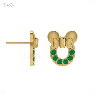 Mickey Mouse Stud Earrings With Emerald Gemstone In 14k Solid Gold