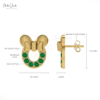 Mickey Mouse Stud Earrings With Emerald Gemstone In 14k Solid Gold