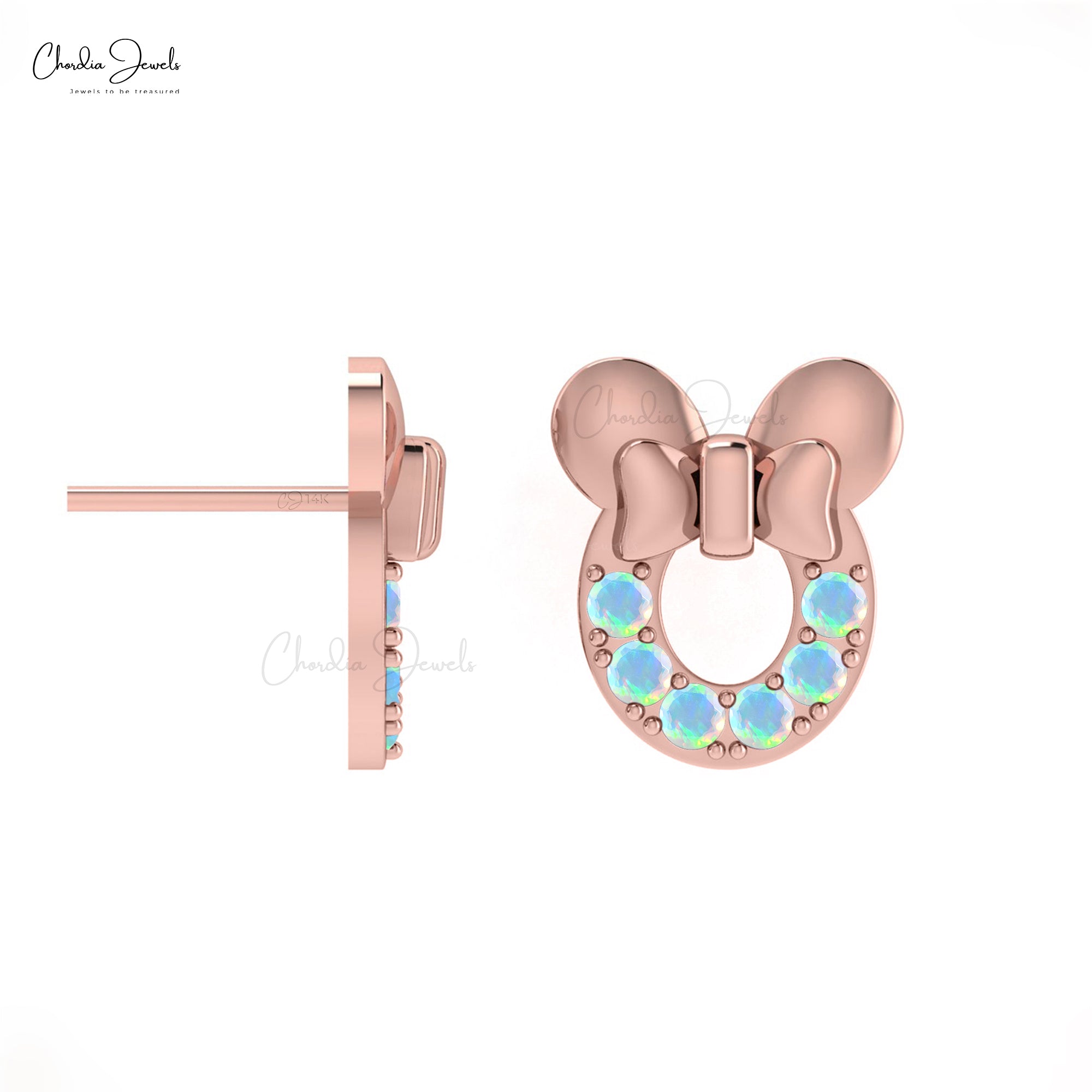 Natural 2mm Opal Gemstone Earrings in 14k Solid Gold October Birthstone Mickey Mouse Studs
