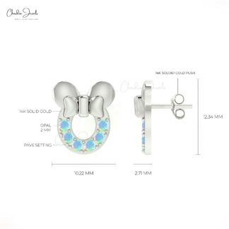 Natural 2mm Opal Gemstone Earrings in 14k Solid Gold October Birthstone Mickey Mouse Studs