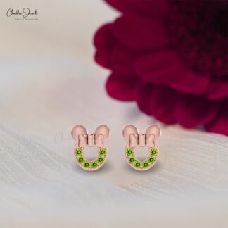 Real 14k Gold Disney Earrings Genuine Peridot Mickey Mouse Studs Earring For Birthday Gift