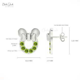 Real 14k Gold Disney Earrings Genuine Peridot Mickey Mouse Studs Earring For Birthday Gift