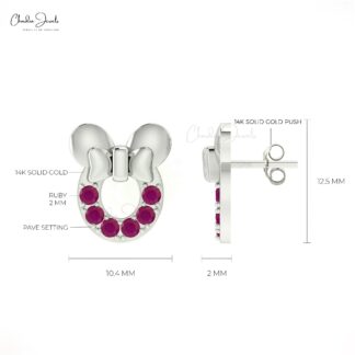 Solid 14k Gold Mickey Mouse Head With Pave Set 2mm Burma Ruby Kids Earrings