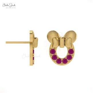 Solid 14k Gold Mickey Mouse Head With Pave Set 2mm Burma Ruby Kids Earrings