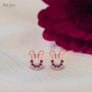 Authentic 2mm Rhodolite Garnet Mickey Mouse Earrings 14k Real Gold Handmade Jewelry For Her