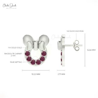 Authentic 2mm Rhodolite Garnet Mickey Mouse Earrings 14k Real Gold Handmade Jewelry For Her