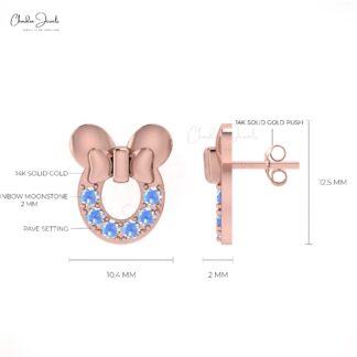 June Birthstone Rainbow Moonstone Mickey Mouse Stud Earrings In 14k Solid Gold