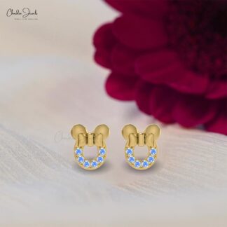 June Birthstone Rainbow Moonstone Mickey Mouse Stud Earrings In 14k Solid Gold
