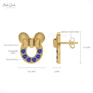 Genuine Tanzanite Mickey Mouse Earrings in 14k Gold Tiny 2mm Round Stone Delicate Earrings