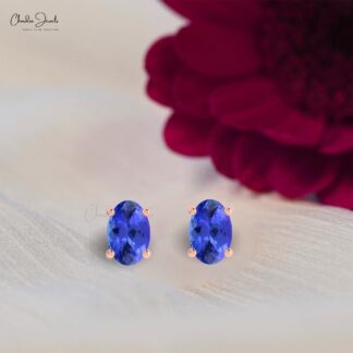 Solitaire Tanzanite Stud Earrings in 14k Gold 6x4mm Oval Gemstone Light Weight Earring