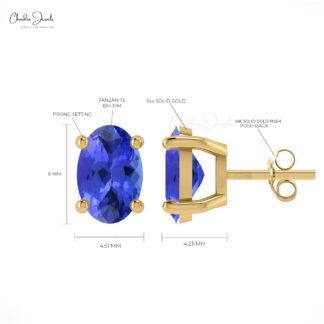 Solitaire Tanzanite Stud Earrings in 14k Gold 6x4mm Oval Gemstone Light Weight Earring