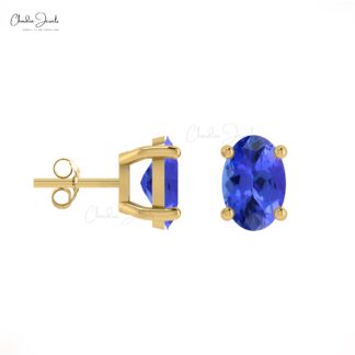 Solitaire Tanzanite Stud Earrings in 14k Gold 6x4mm Oval Gemstone Light Weight Earring