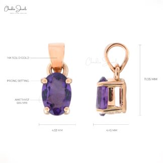 Trendy Oval Shape Natural Purple Amethyst Handmade Solitaire Gemstone Pendant in Real 14k Rose Gold Gift For Her