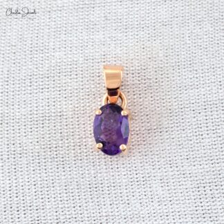 Trendy Oval Shape Natural Purple Amethyst Handmade Solitaire Gemstone Pendant in Real 14k Rose Gold Gift For Her