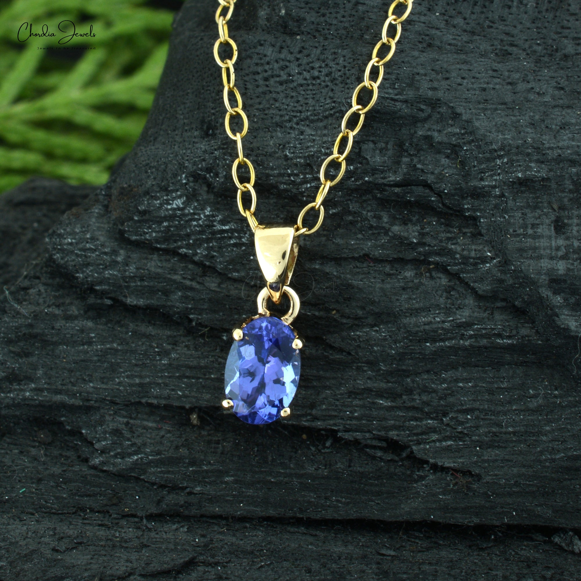 Real 14k Yellow Gold Solitaire Pendant In 6x4mm Tanzanite Gemstone Hallmark Necklace