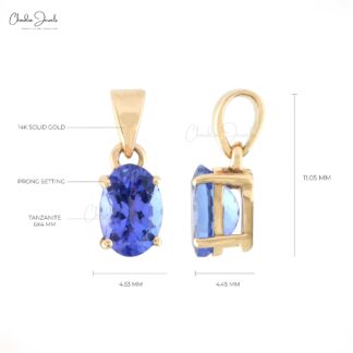 Real 14k Yellow Gold Solitaire Pendant In 6x4mm Tanzanite Gemstone Hallmark Necklace