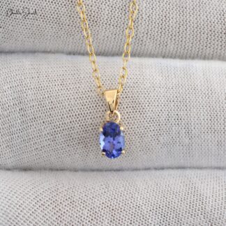 Real 14k Yellow Gold Solitaire Pendant In 6x4mm Tanzanite Gemstone Hallmark Necklace