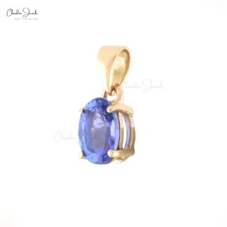 Real 14k Yellow Gold Solitaire Pendant In 6x4mm Tanzanite Gemstone Hallmark Necklace