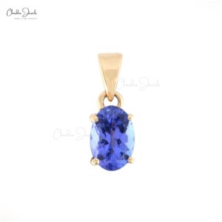 Real 14k Yellow Gold Solitaire Pendant In 6x4mm Tanzanite Gemstone Hallmark Necklace