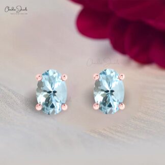 Authentic Aquamarine Solitaire Stud Earrings in 14k Solid Gold Minimalist Earrings
