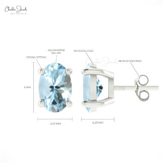 Authentic Aquamarine Solitaire Stud Earrings in 14k Solid Gold Minimalist Earrings