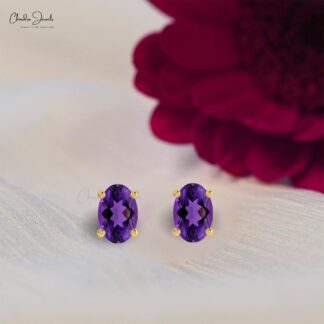 Elegant Amethyst Solitaire Earrings 0.88Ct Oval Cut Natural Gemstone Dainty Earrings 14k Real Gold Art Deco Jewelry For Anniversary Gift