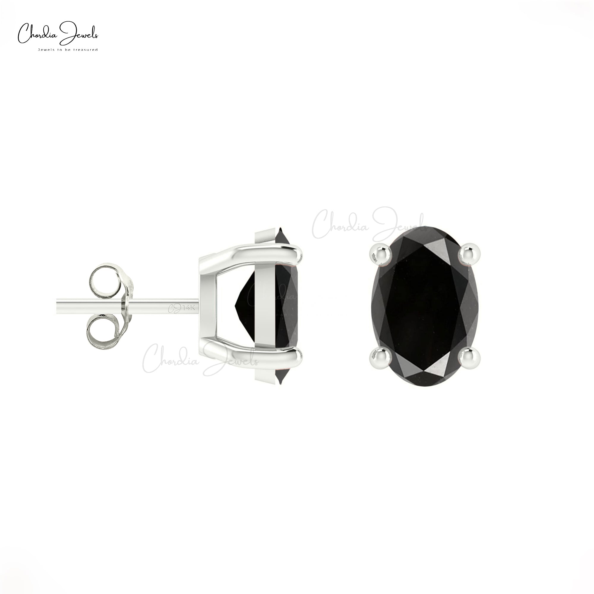 AAA Black Diamond Solitaire Studs In 14k Real Gold Hallmarked Push Back Earrings