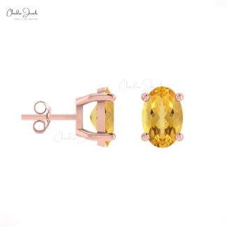 Delicate Single Stone Earring In 14k Solid Gold Citrine 6x4mm Gemstone Solitaire Studs