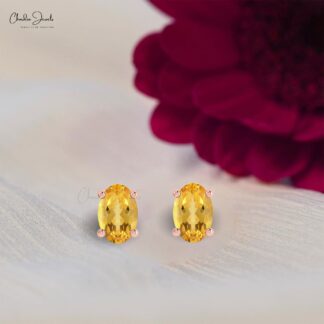 Delicate Single Stone Earring In 14k Solid Gold Citrine 6x4mm Gemstone Solitaire Studs