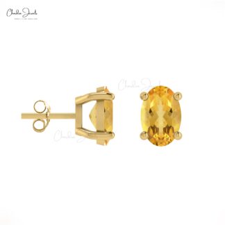 Delicate Single Stone Earring In 14k Solid Gold Citrine 6x4mm Gemstone Solitaire Studs