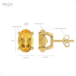 Delicate Single Stone Earring In 14k Solid Gold Citrine 6x4mm Gemstone Solitaire Studs