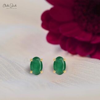 Delicate Emerald Solitaire Earrings 14k Real Gold Push Back Studs For Bridesmaid Gift